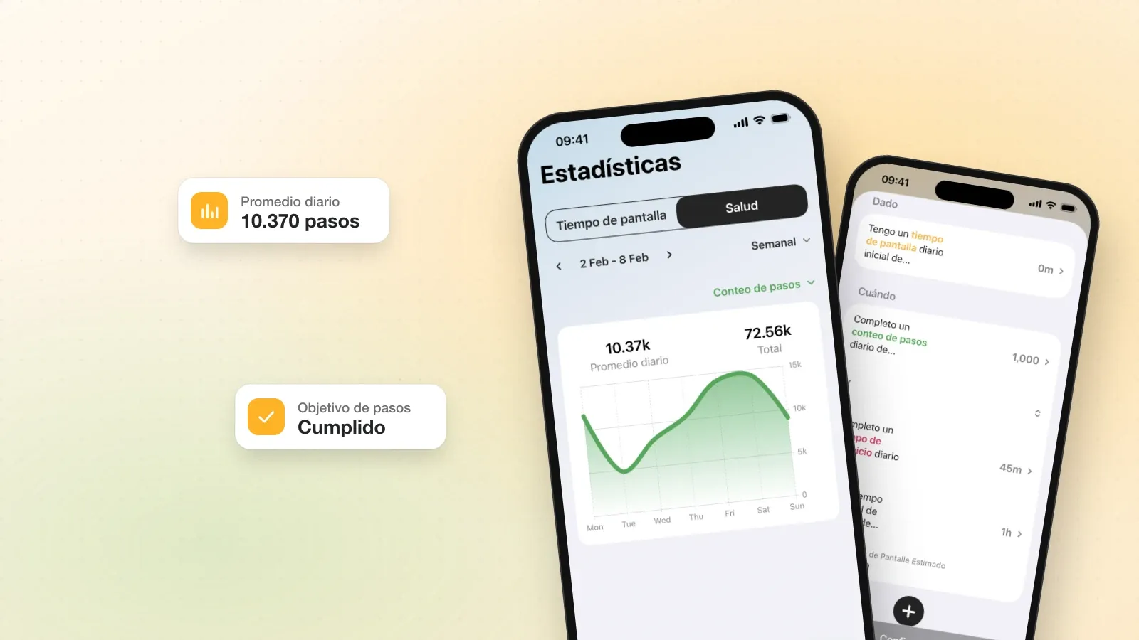 Fitlock en el iPhone: las estadísticas de Salud con una semana de pasos y, detrás, la regla «Ganar mi tiempo»