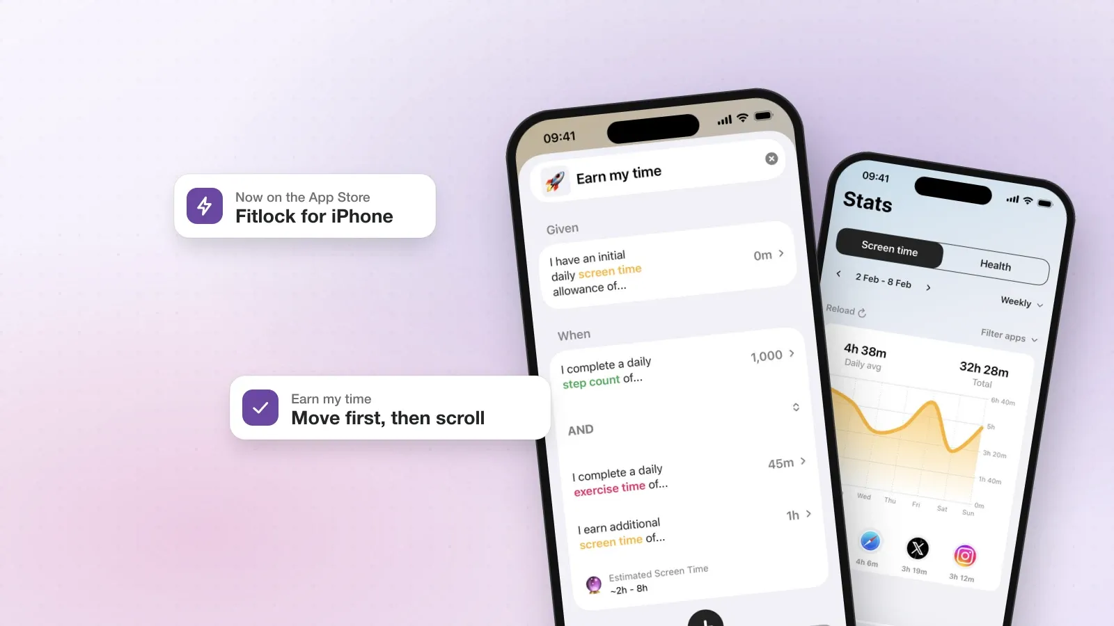Fitlock on iPhone, showing the Earn my time rule and the Stats screen