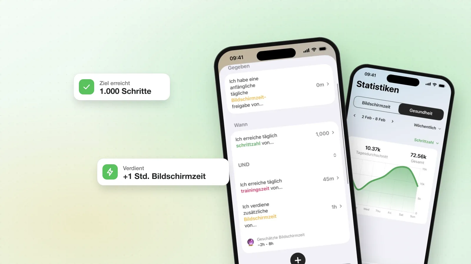 Fitlock auf dem iPhone: die Regel „Verdiene meine Zeit“, dahinter die Gesundheitsstatistik