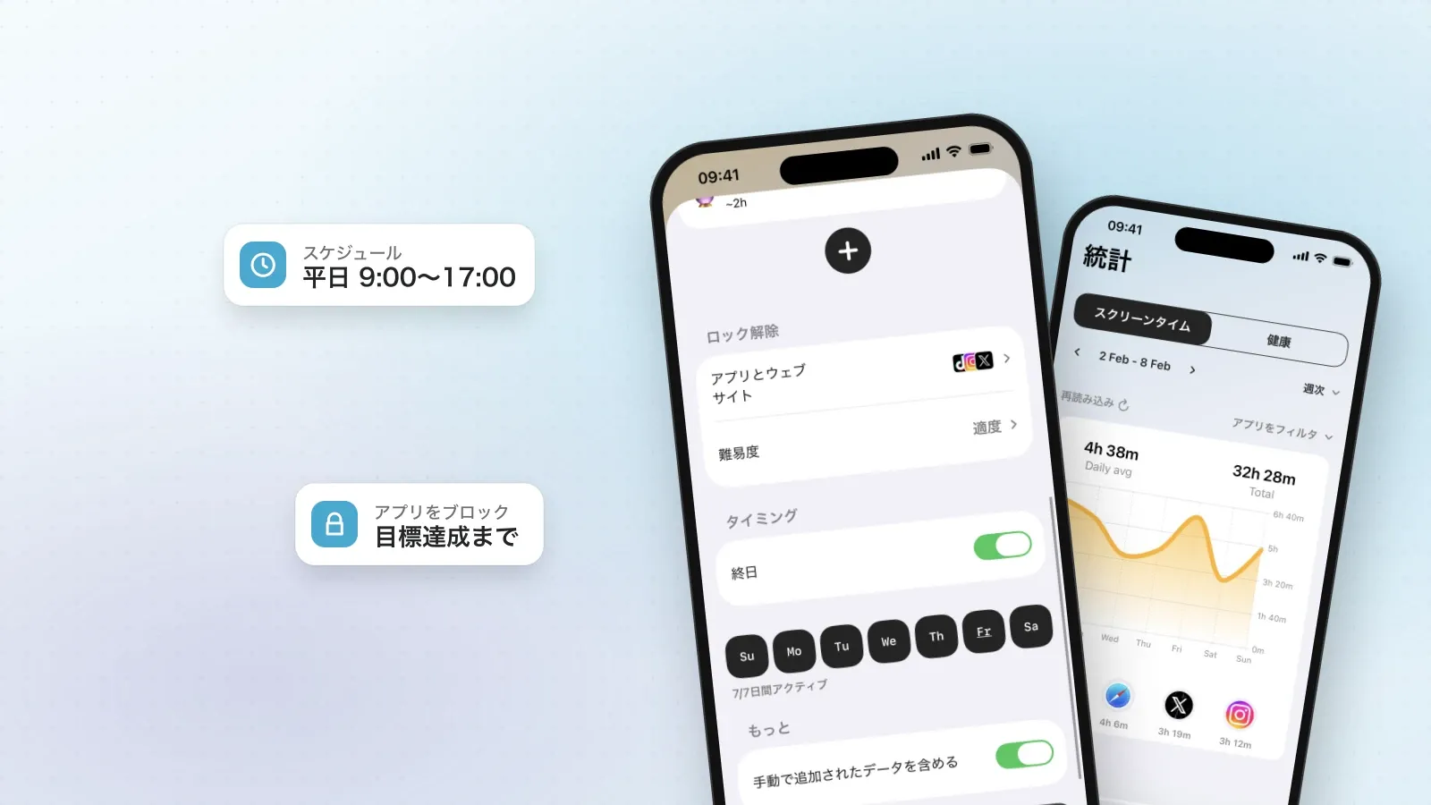 iPhoneのFitlock：スケジュールの設定画面と、その後ろに統計画面