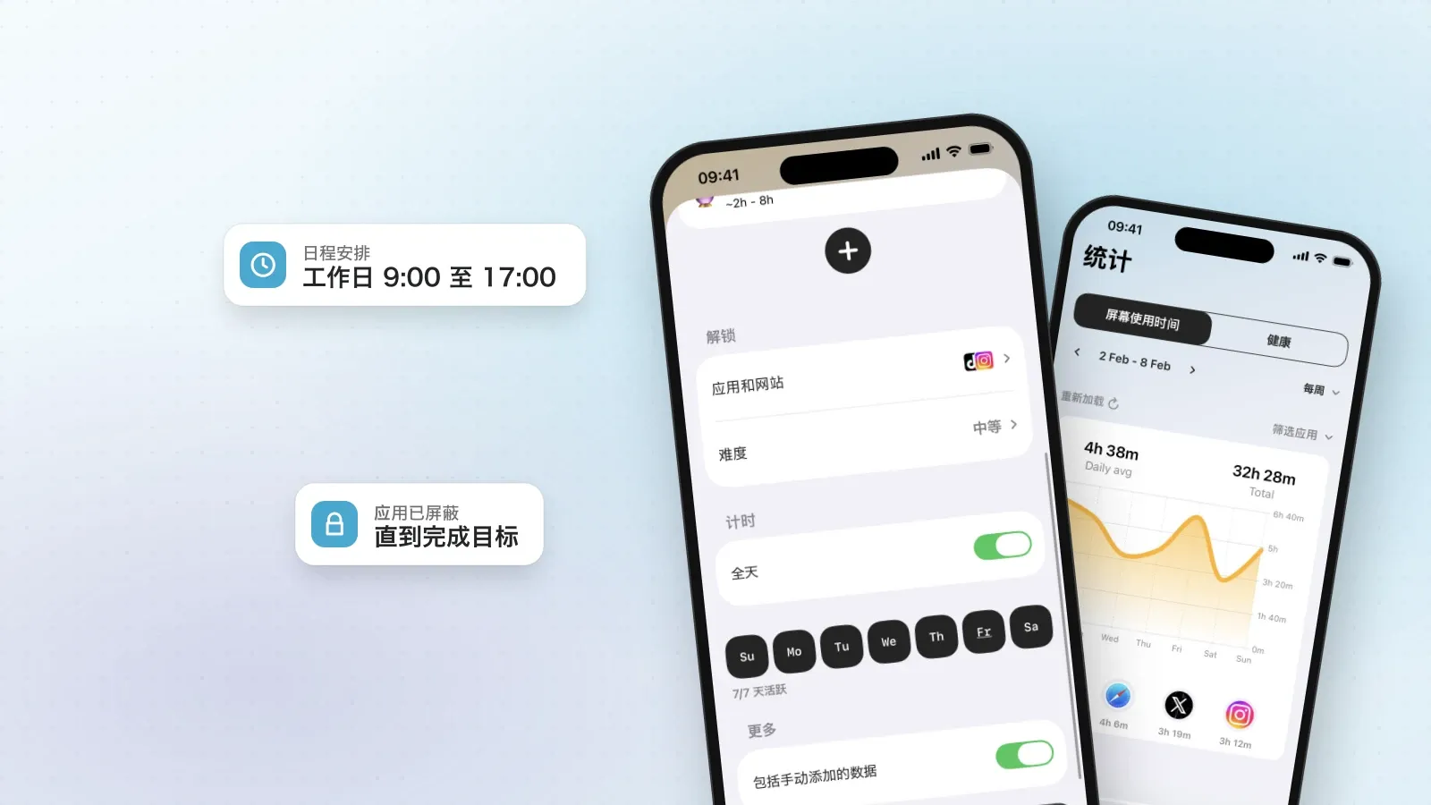 iPhone 上的 Fitlock：日程设置界面，后面是统计界面
