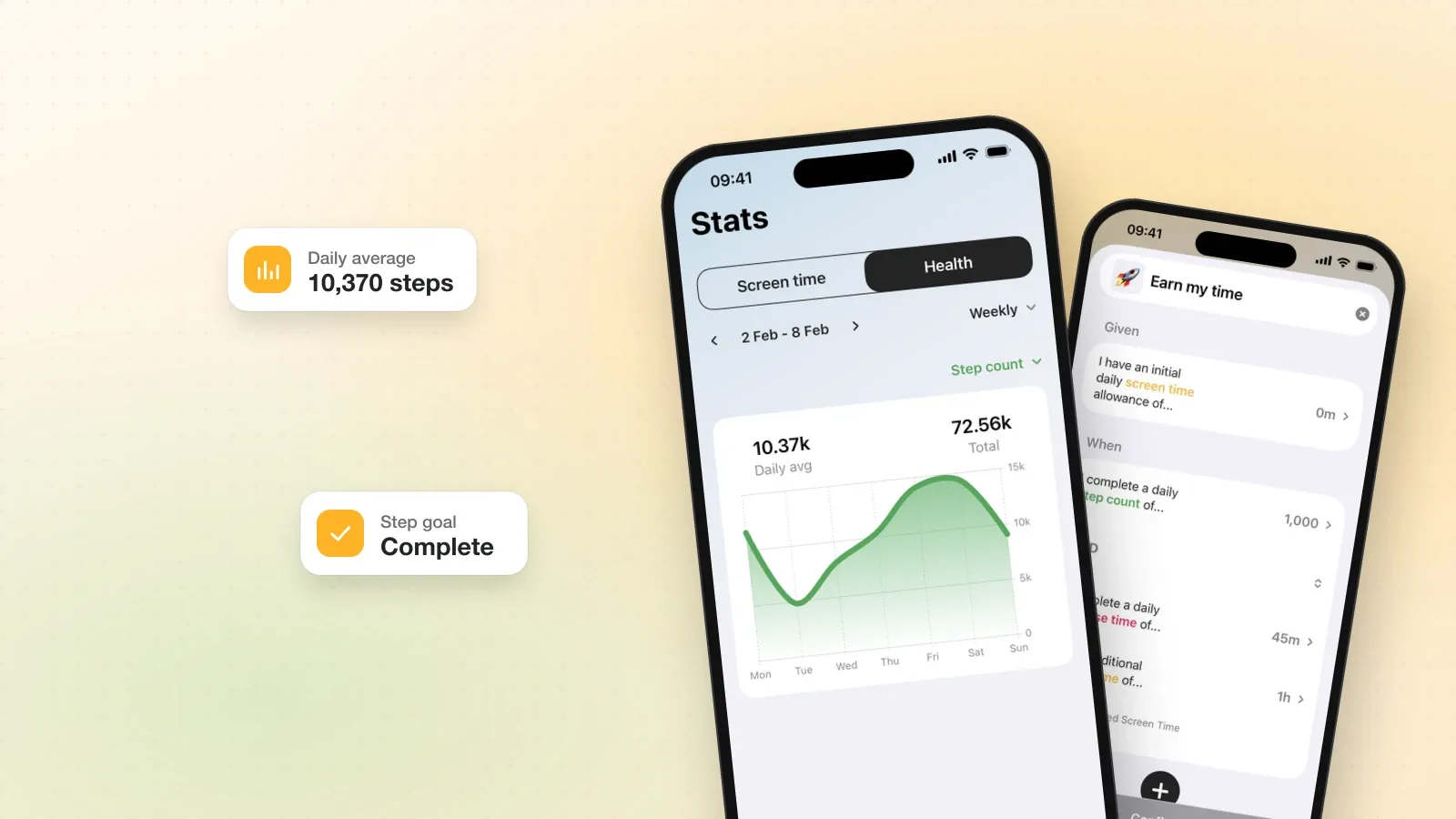 Fitlock on iPhone: the Health stats screen with a week of daily steps, and the Earn my time rule behind it