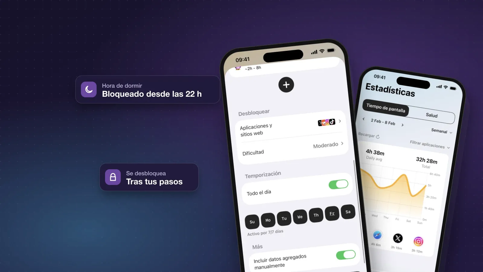 Fitlock en el iPhone: los ajustes de un horario y la pantalla de Estadísticas sobre un fondo oscuro de noche