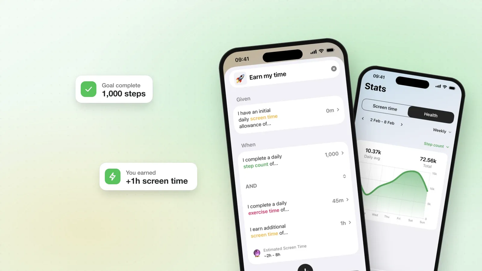Fitlock on iPhone: the Earn my time rule, with the Health stats screen behind it