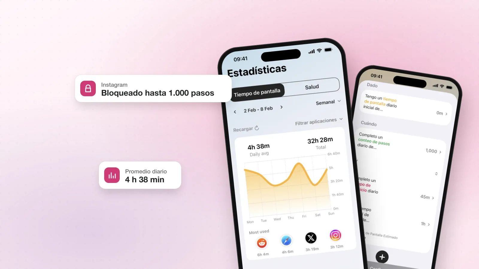 Fitlock en el iPhone: la pantalla de Estadísticas con una semana de tiempo de pantalla y, detrás, la regla «Ganar mi tiempo»