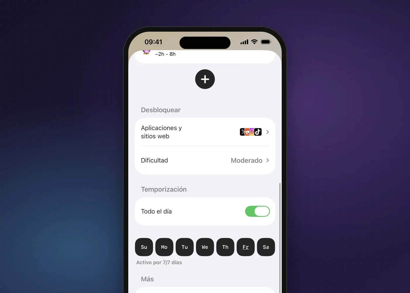 Los ajustes de horario de Fitlock, con la selección de apps y sitios web, la dificultad y los días en que funciona el horario
