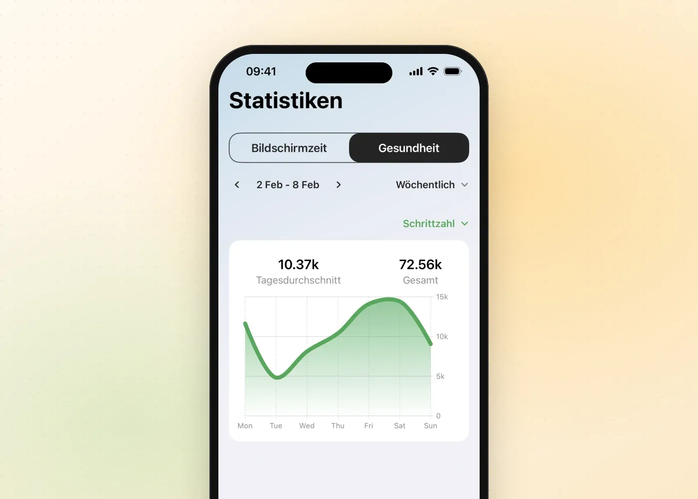 Die Gesundheitsstatistik von Fitlock mit den täglichen Schritten einer Woche und einem Tagesdurchschnitt von 10.370