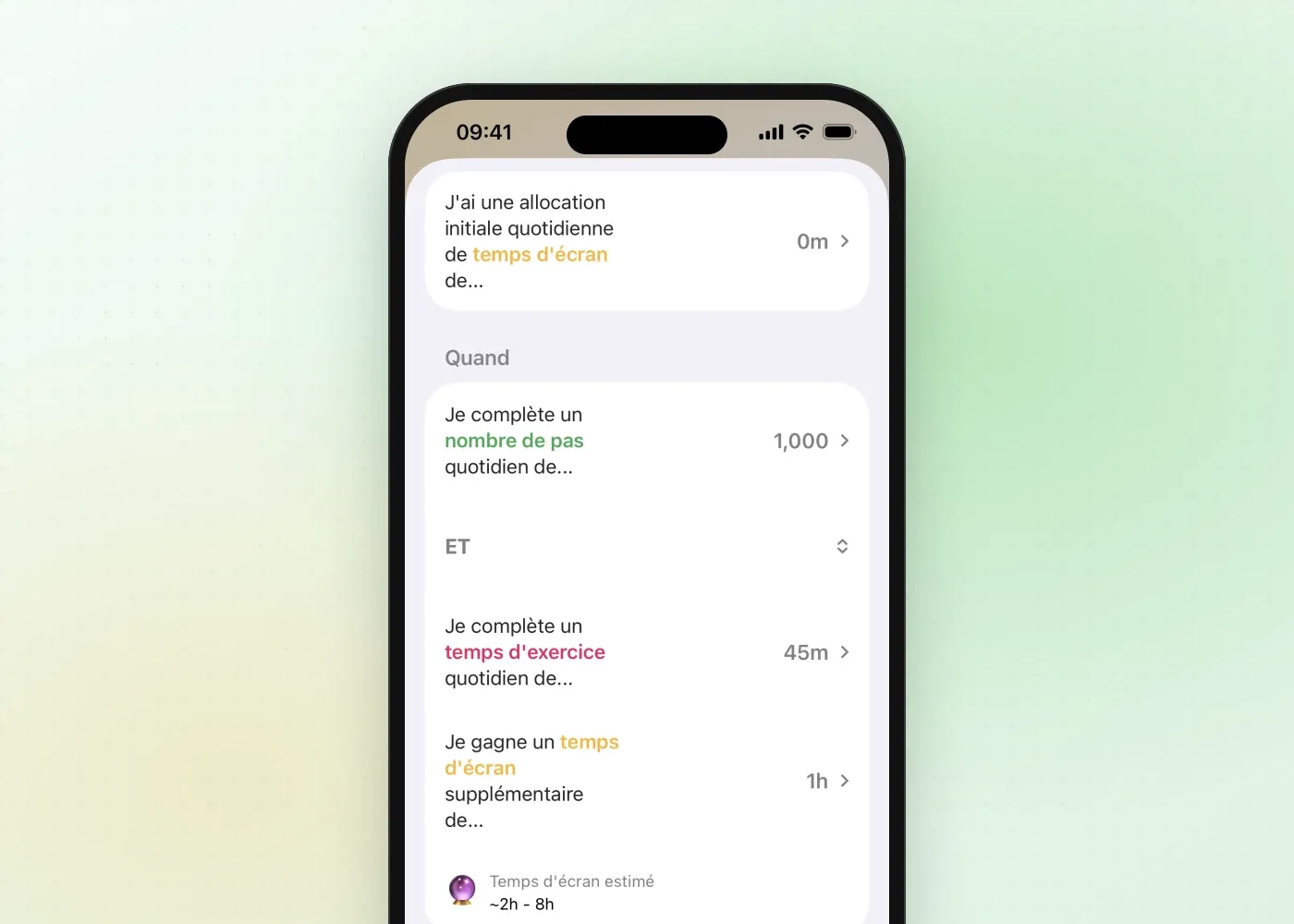 La règle « Gagner mon temps » de Fitlock réglée sur 1 000 pas et 45 minutes d’exercice, combinés avec ET pour gagner une heure de temps d’écran en plus