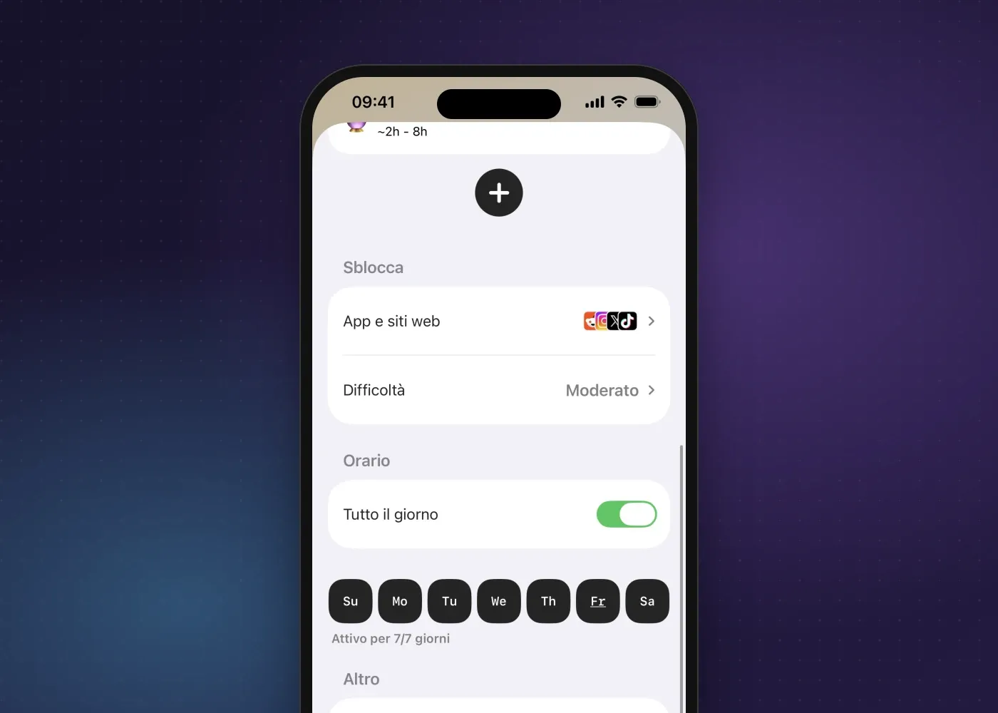 Le impostazioni di un programma in Fitlock con la scelta di app e siti web, la difficoltà e i giorni in cui vale il programma