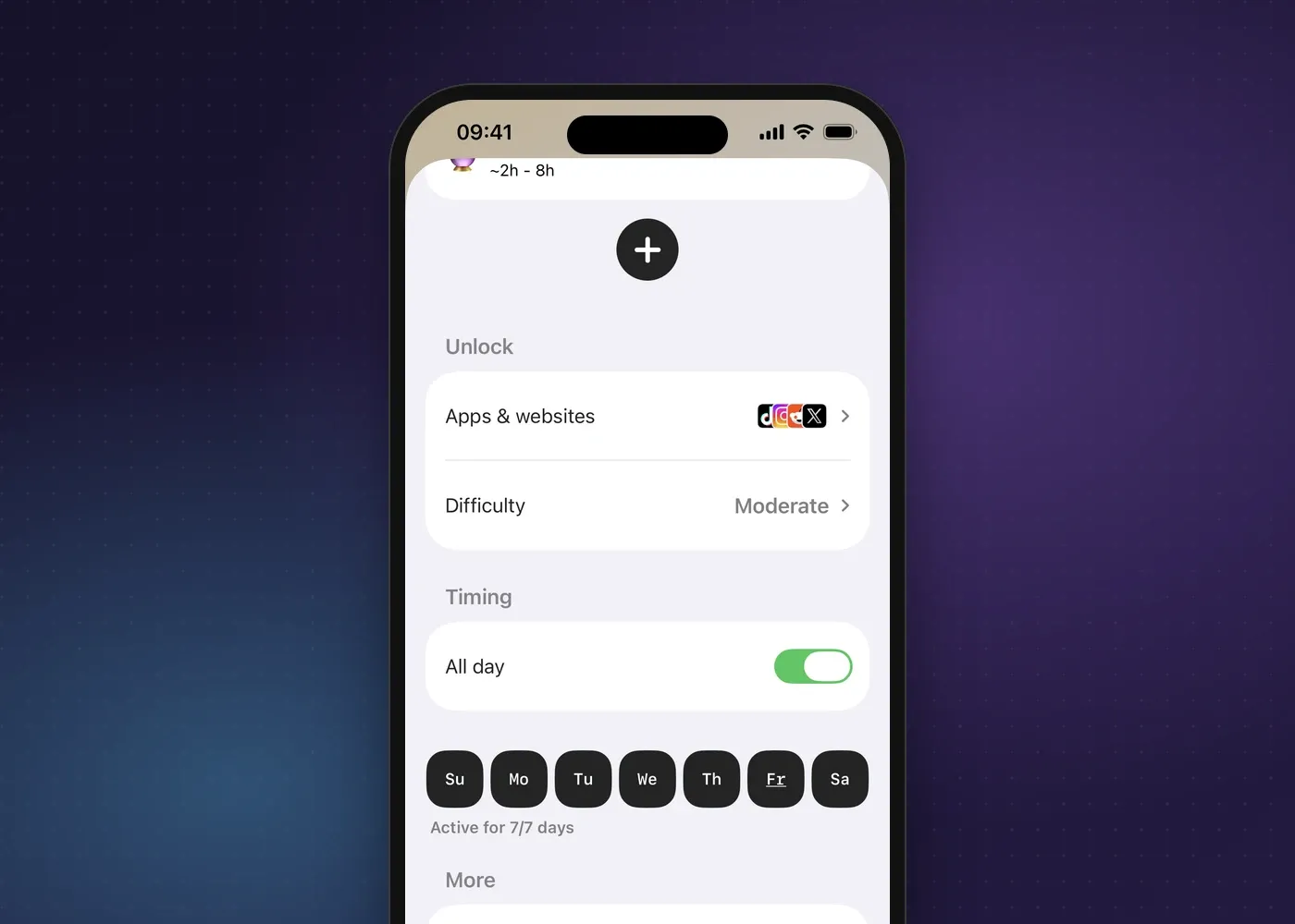 Fitlock’s schedule settings screen, showing app and website selection, difficulty and the days the schedule runs