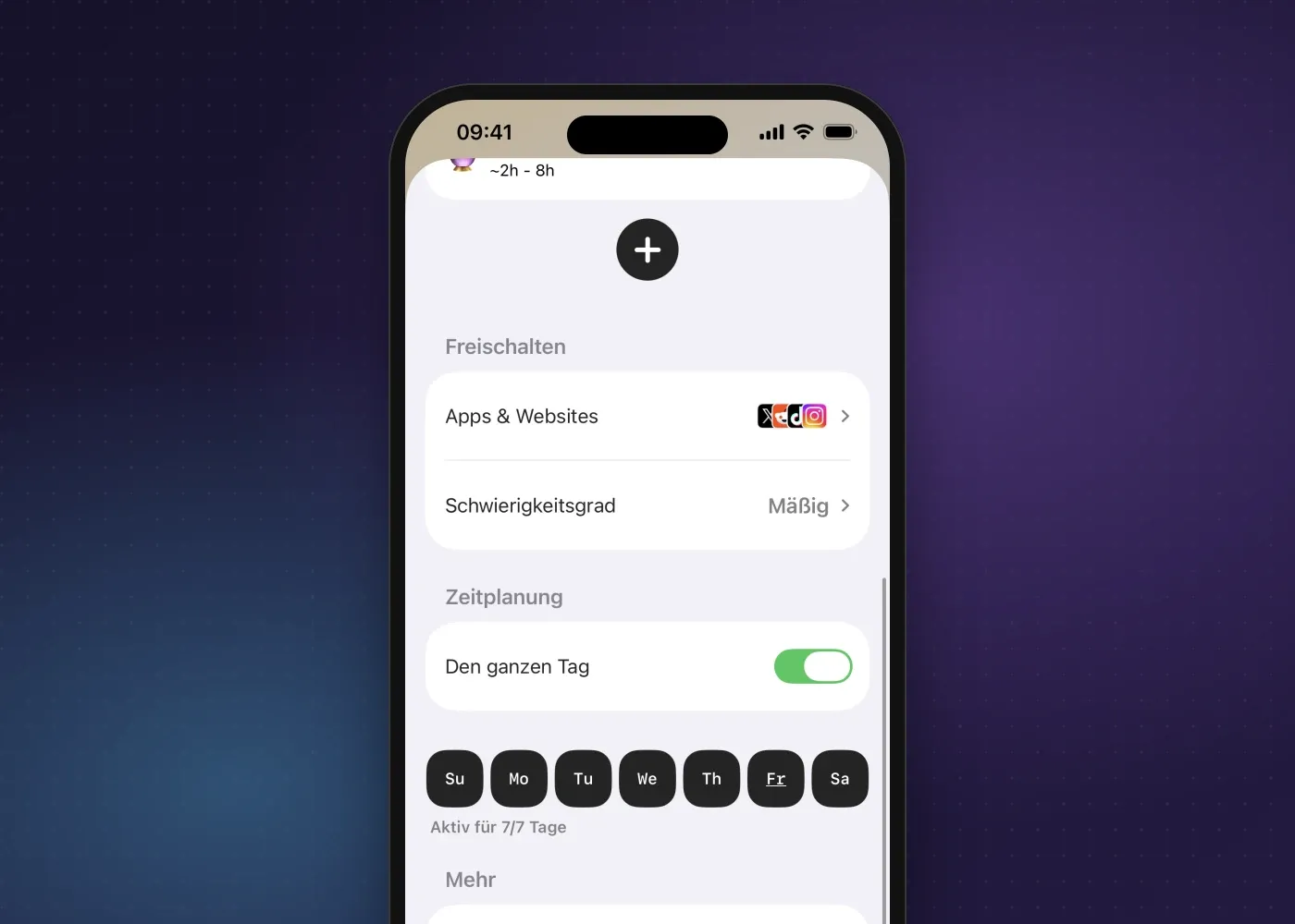 Die Zeitplaneinstellungen von Fitlock mit Auswahl von Apps und Websites, Schwierigkeitsgrad und den Tagen, an denen der Zeitplan läuft