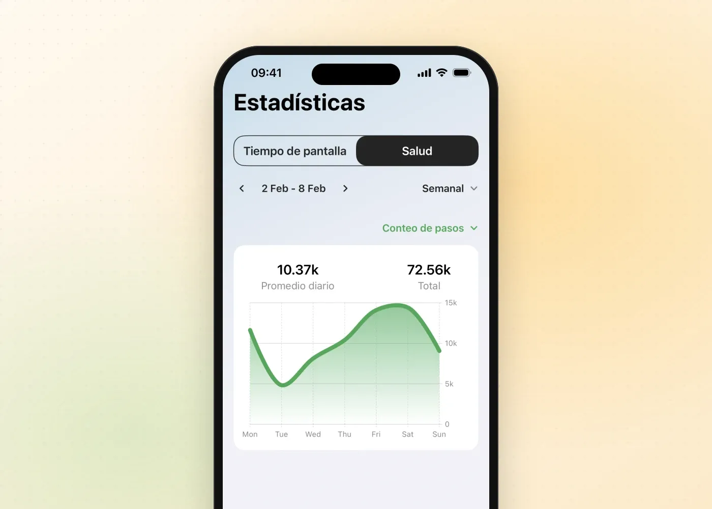 Las estadísticas de Salud de Fitlock con los pasos diarios de una semana y un promedio de 10.370 al día