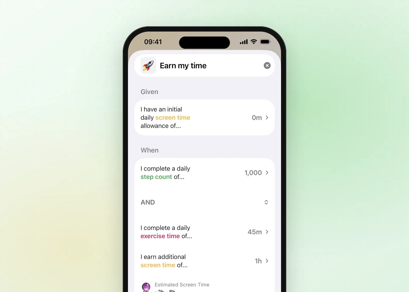 Fitlock’s Earn my time rule builder set to 1,000 steps and 45 minutes of exercise, combined with AND to earn an extra hour of screen time
