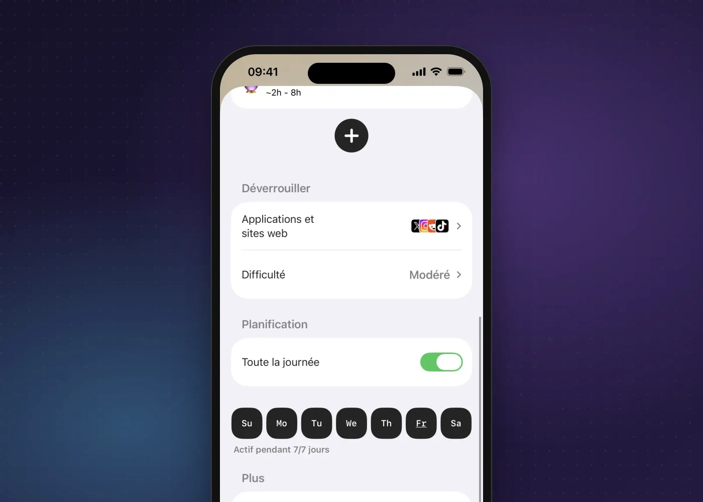 Les réglages de planning de Fitlock, avec le choix des applis et sites web, la difficulté et les jours où le planning s’applique