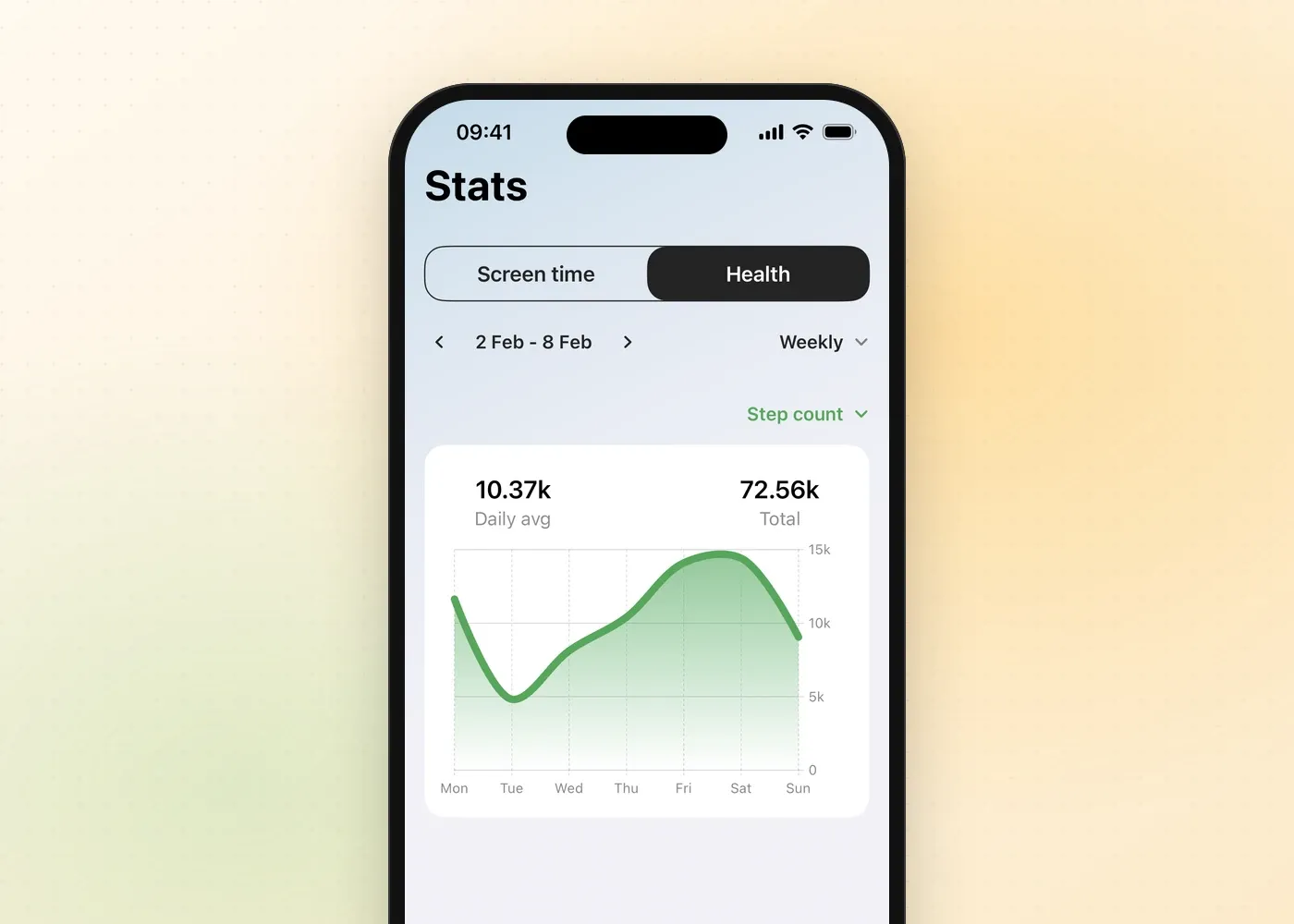 Fitlock’s Health stats screen showing a week of daily step counts with a daily average of 10,370