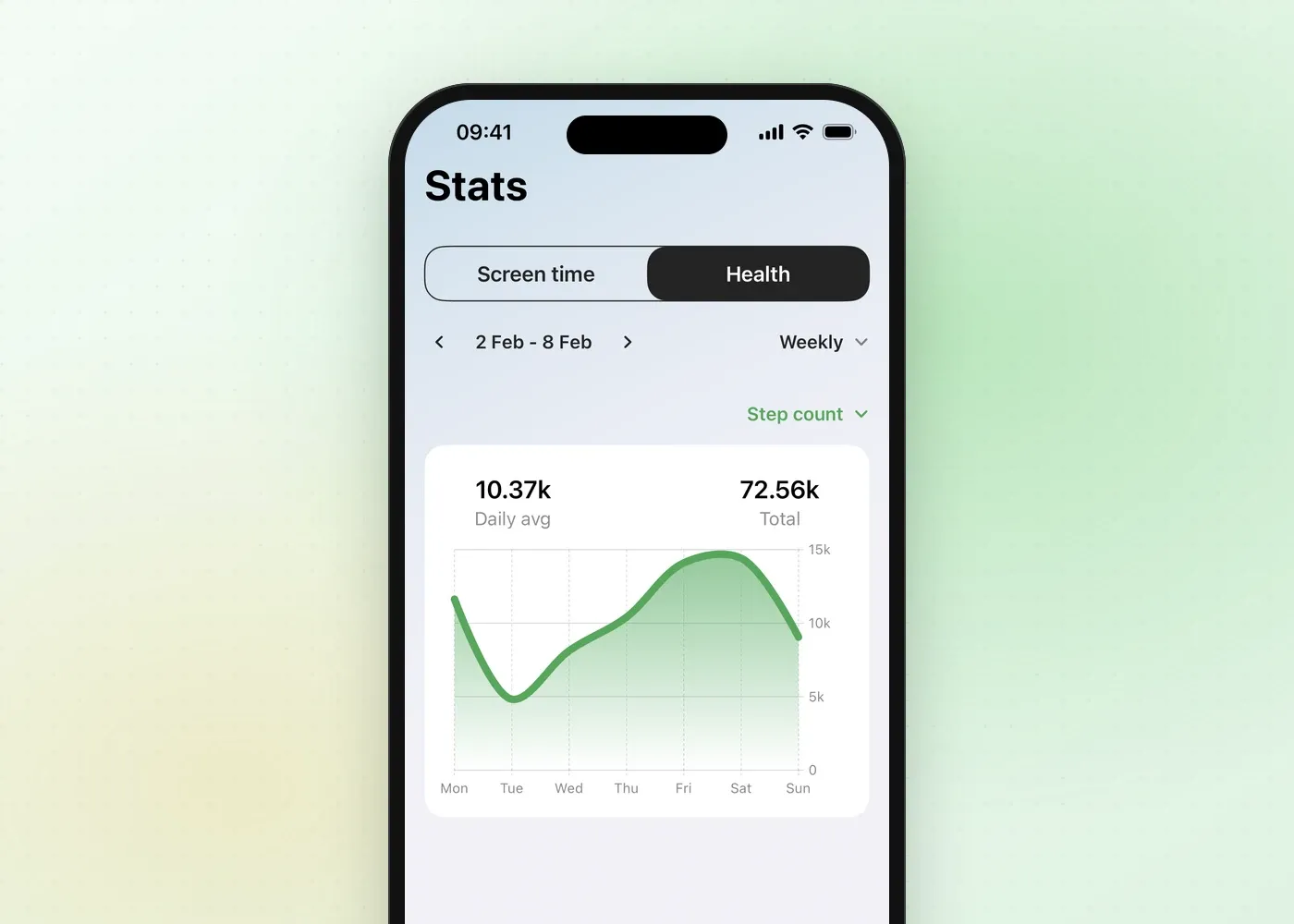 Fitlock’s Health stats screen showing a week of step counts with a daily average of 10,370