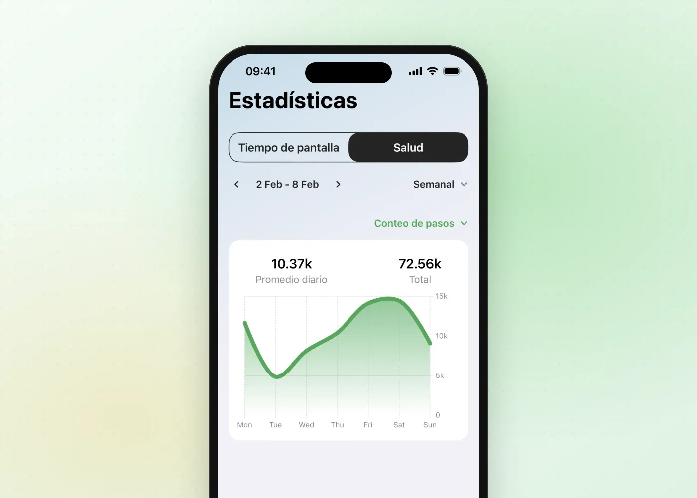 Las estadísticas de Salud de Fitlock con una semana de pasos y un promedio diario de 10.370