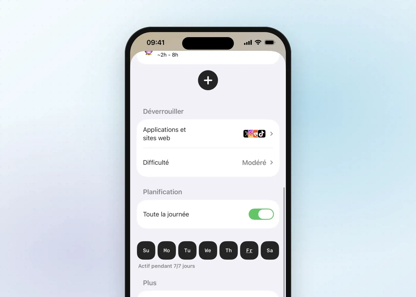 Les réglages de planning de Fitlock, avec le choix des applis et sites web, la difficulté et les jours de la semaine