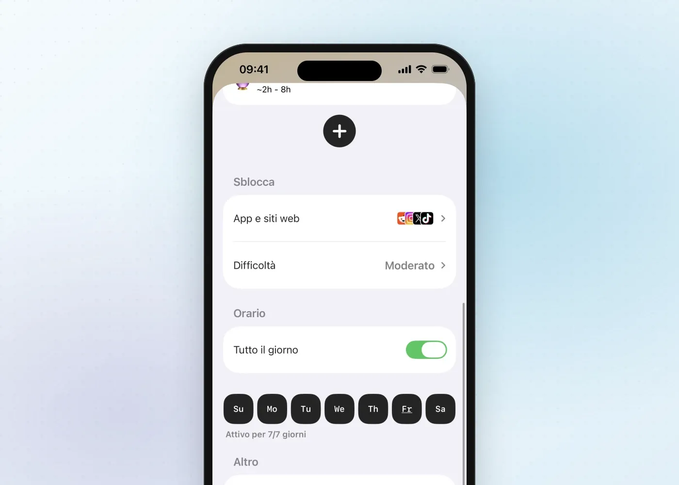 Le impostazioni di un programma in Fitlock con la scelta di app e siti web, la difficoltà e i giorni della settimana