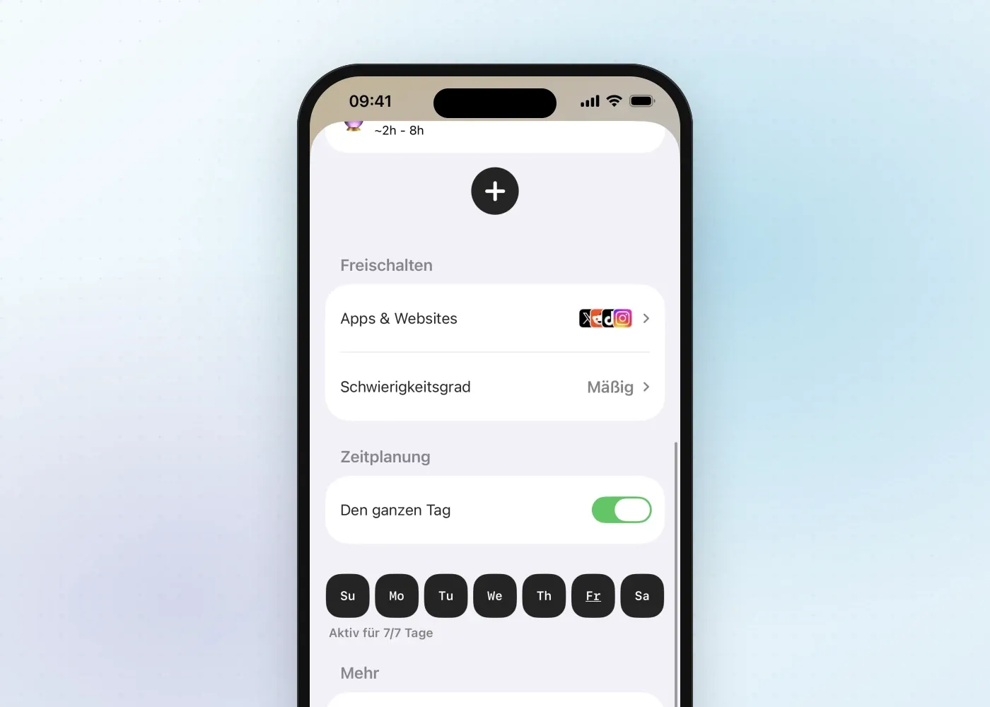 Die Zeitplaneinstellungen von Fitlock mit Auswahl von Apps und Websites, Schwierigkeitsgrad und Wochentagen