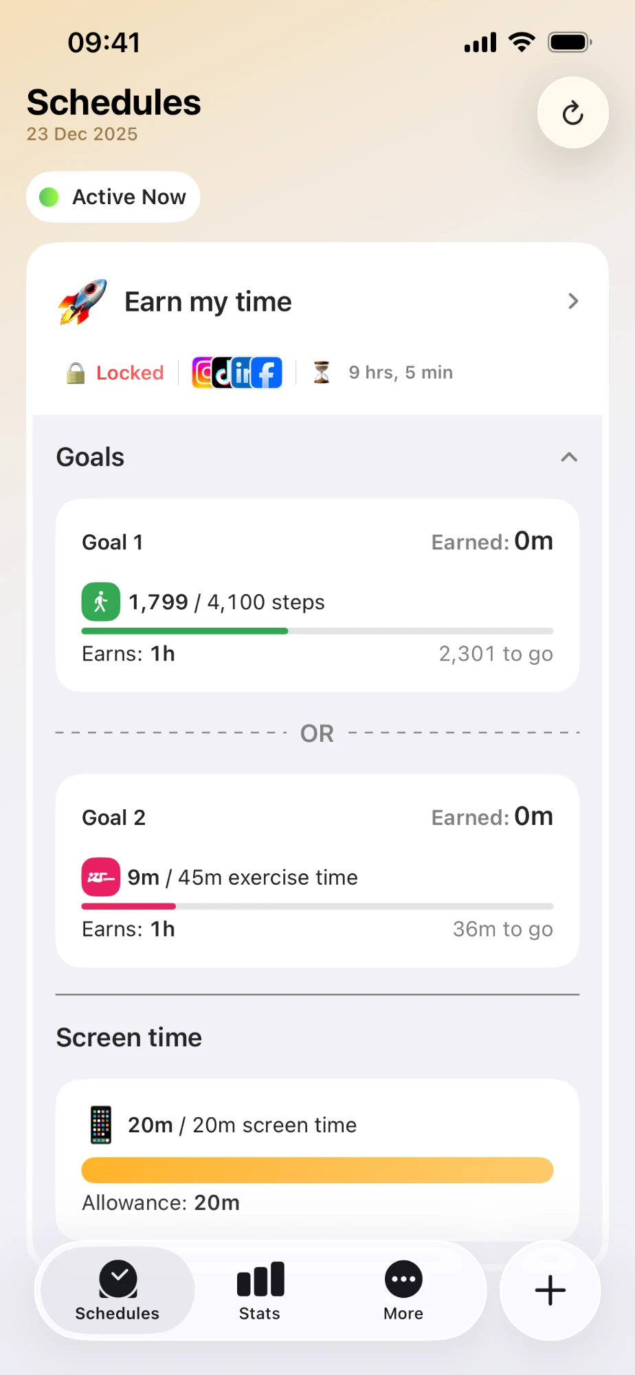 Fitlock's Schedules screen: distracting apps stay locked until you hit a step goal or an exercise goal, each earning an hour of screen time, with a 20-minute daily allowance
