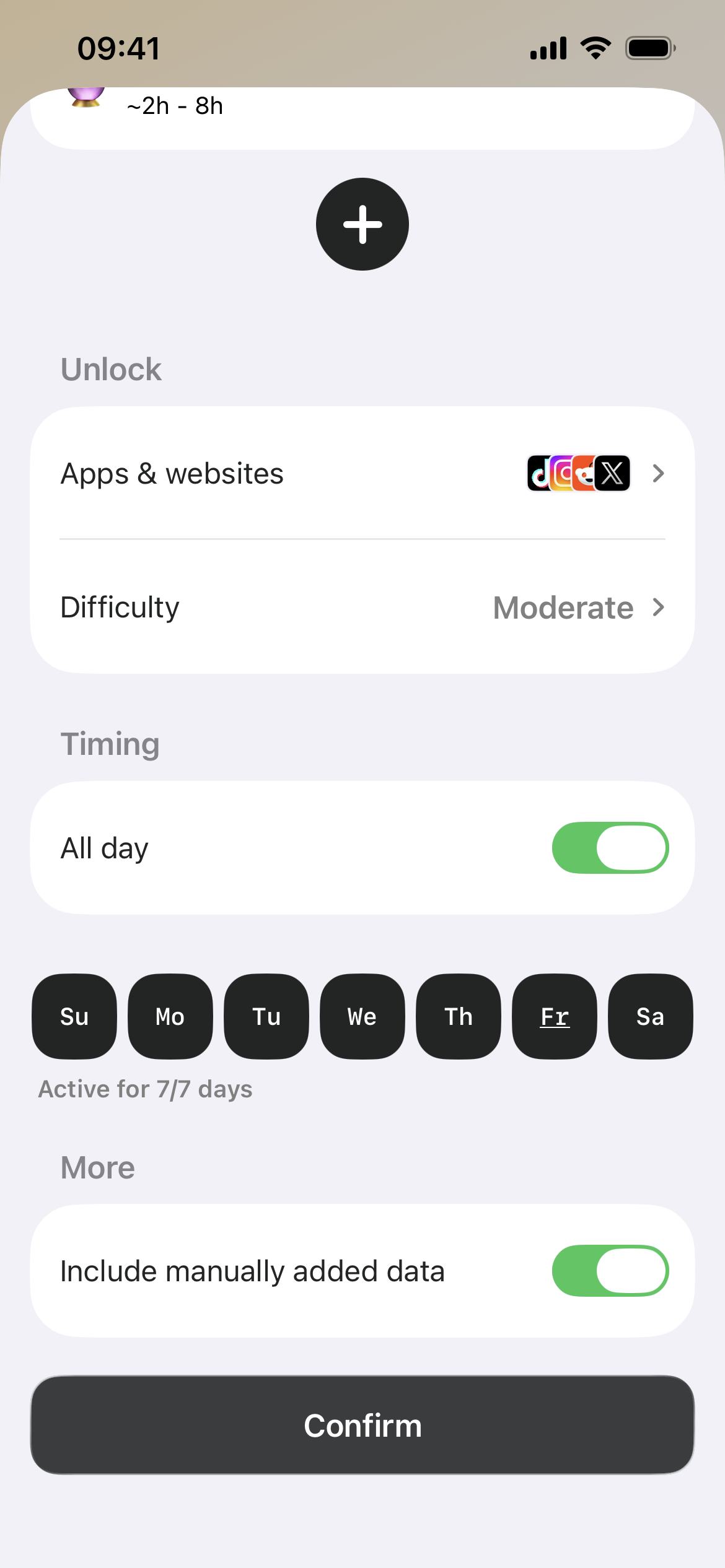 Los ajustes de horario de Fitlock para elegir qué apps y sitios web bloquear, la dificultad y los días en que se activa