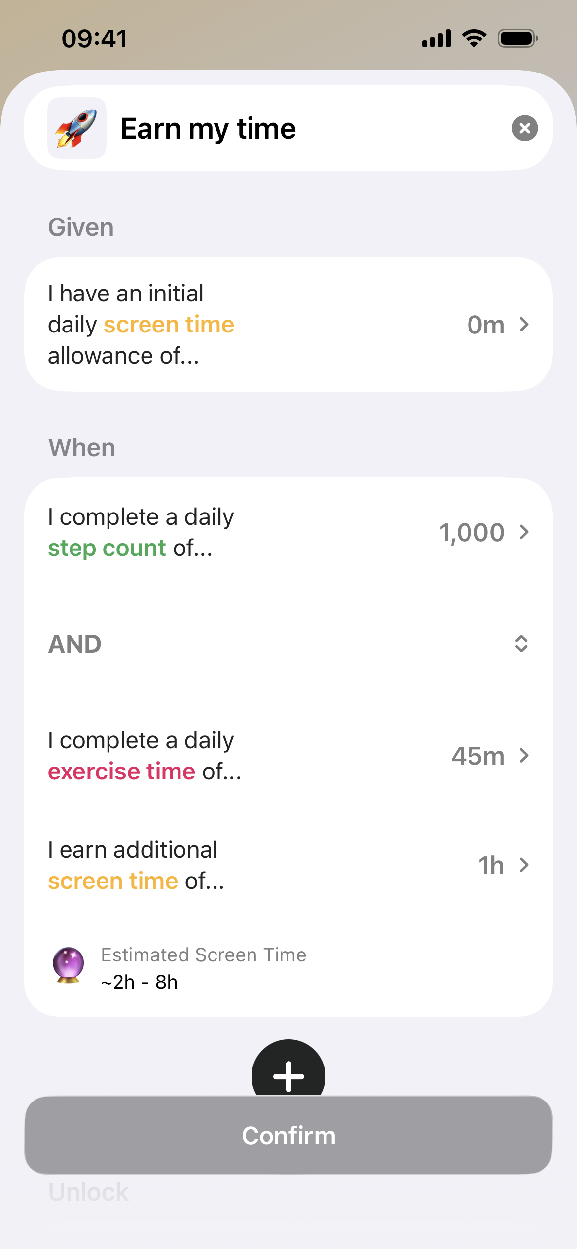 Una regla de Fitlock en la app: camina 1.000 pasos y haz 45 minutos de ejercicio para ganar una hora extra de tiempo de pantalla