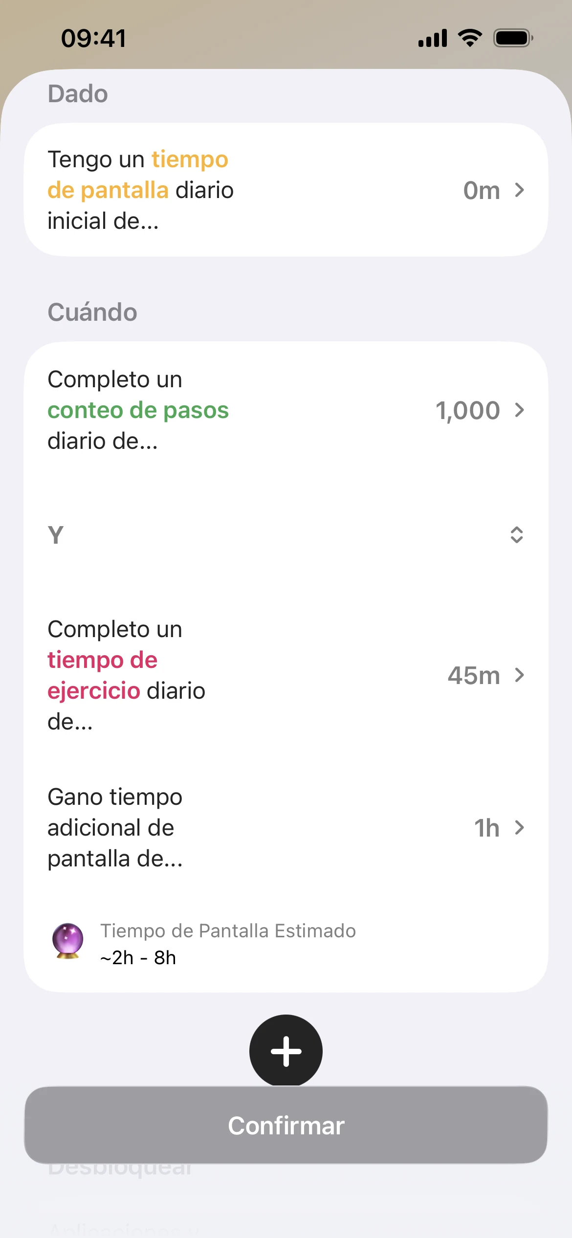 Una regla de Fitlock en la app: camina 1.000 pasos y haz 45 minutos de ejercicio para ganar una hora extra de tiempo de pantalla