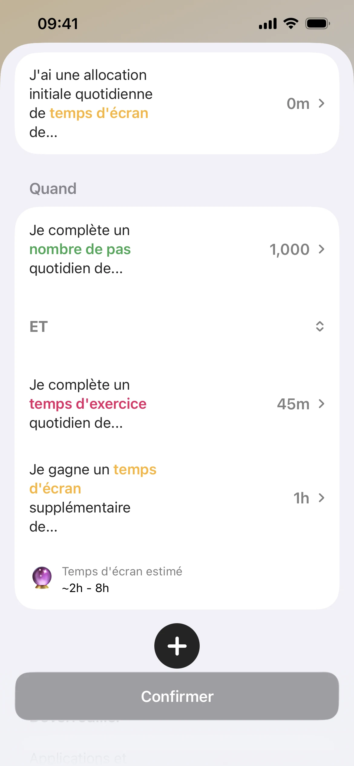 Une règle Fitlock dans l'appli : fais 1 000 pas et 45 minutes d'exercice pour gagner une heure de temps d'écran en plus