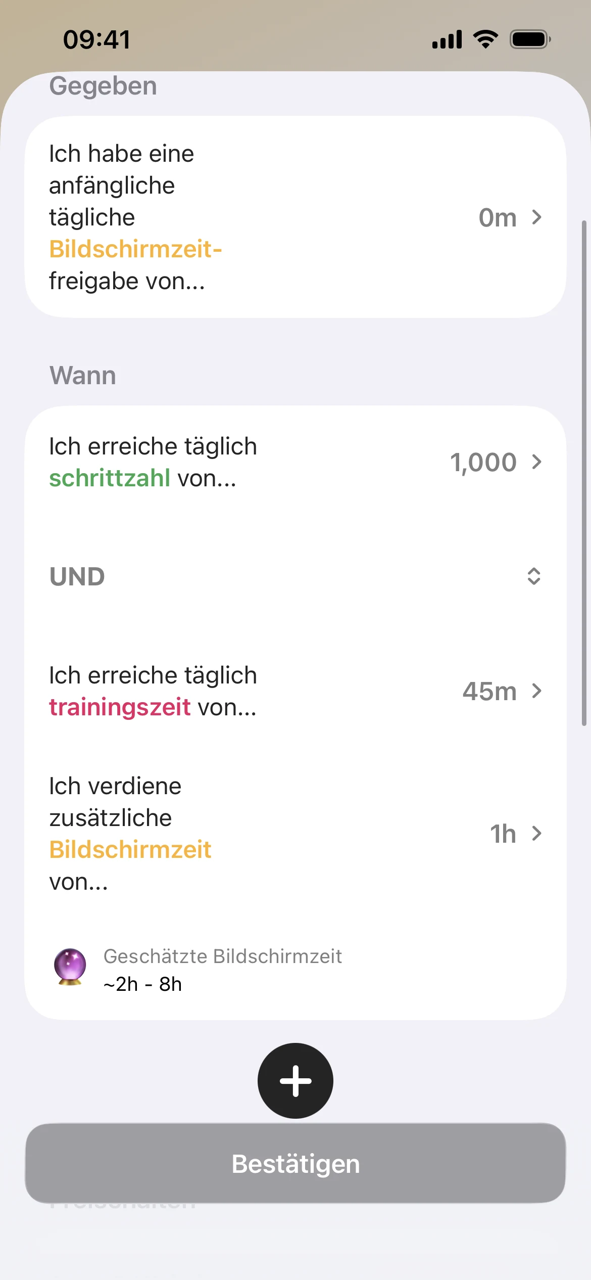 Eine Fitlock-Regel in der App: 1.000 Schritte gehen und 45 Minuten Sport treiben, um eine zusätzliche Stunde Bildschirmzeit zu verdienen