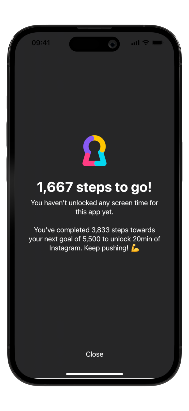 Screenshot of the Fitlock app block screen when blocking instagram with a step count health goal.